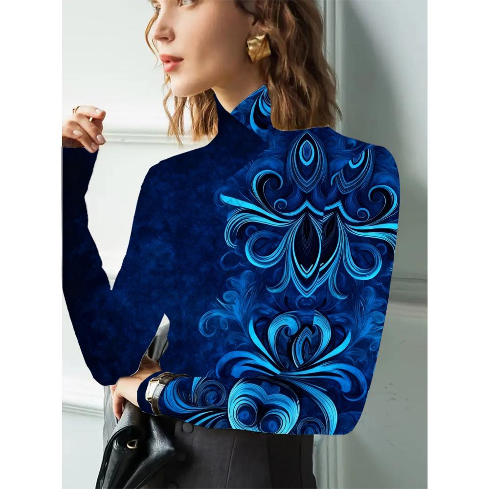 Women's Cheongsam Collar Long-sleeved T-shirt, Suitable for Women, with a Blue Geometric Layered Positioning Design