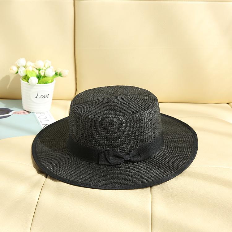 Flat Top White Straw Hat Female British Beach Hat Sunscreen Versatile Hemming Top Hat Seaside Travel Vacation Hat Travel