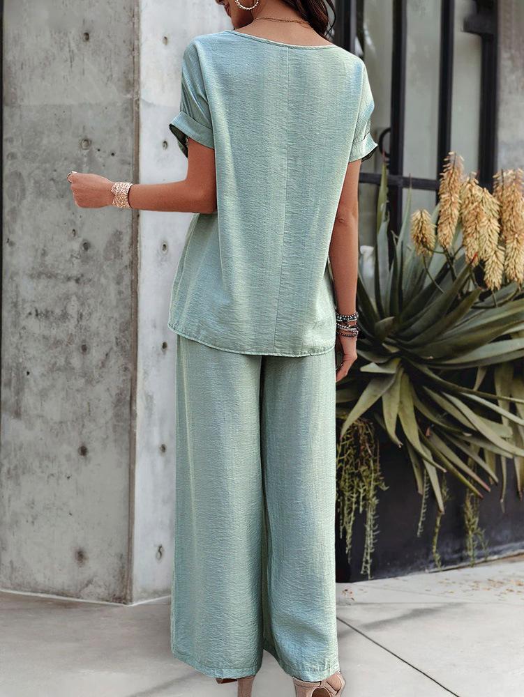 Women's Casual Fashion Solid Color Short Sleeve Long Pants Set