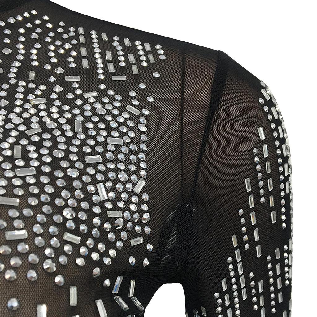 Sexy Rhinestone Mesh See-through Long Sleeve Slit Two-piece Nightclub Dress