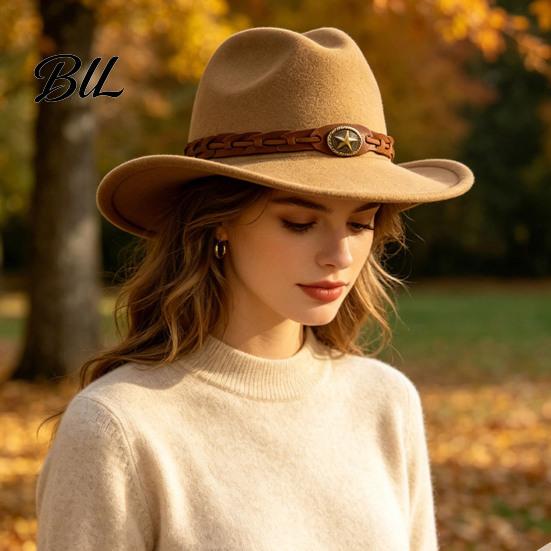 Winter Windproof Wool Cap Unisex Western Cowboy Hat, Felt Fedora Hat with Faux Leather Band, Retro Wide Brim Cowgirl for Men Women Autumn Warm