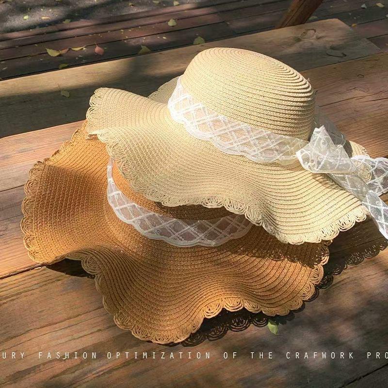 Flat-top straw hat women's straw top hat, new summer big-brimmed sun hat, seaside vacation sun hat