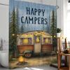 Happy Campers In Cartoon Forest Print Shower Curtain Bathroom Decoration Curtain,Hanging Curtain With Hooks Machine Washable