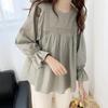 Women Shirt Round Neck Lantern Long Sleeve Pullover Tops Solid Color Loose Fit Ruffle Trim Pleated