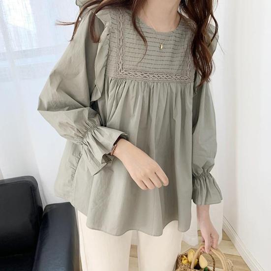 Women Shirt Round Neck Lantern Long Sleeve Pullover Tops Solid Color Loose Fit Ruffle Trim Pleated