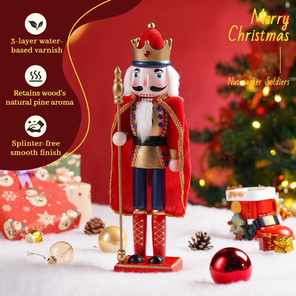 38CM Wooden King Nutcracker Soldier Pure handcrafted Christmas Statue Home Office Table Decorations celebrations Decor Display