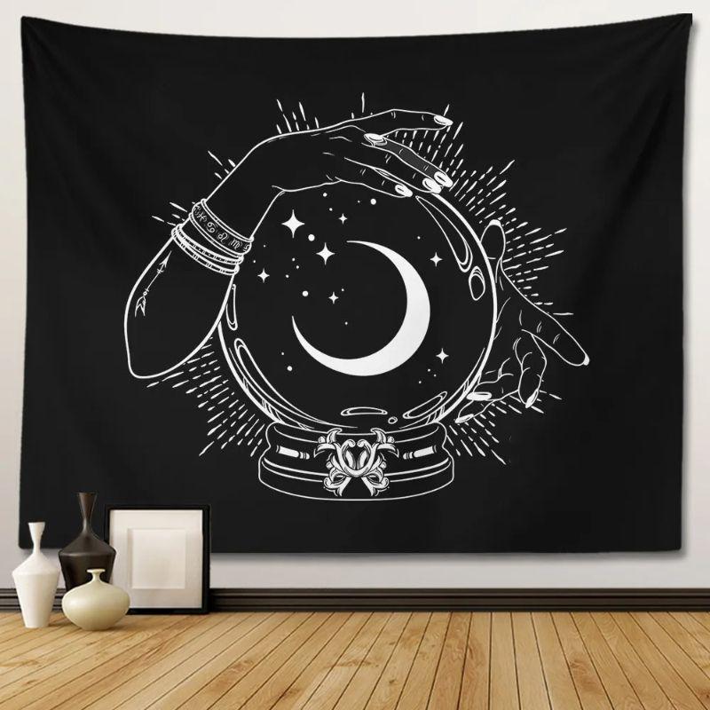 Witchcraft Palm Moon Flower Star Tapestry Black and White Retro Wall Hanging Bedroom Dormitory Home Decoration