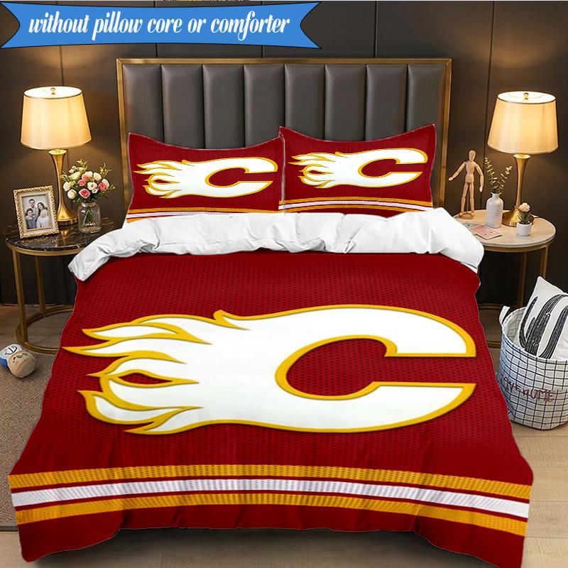 3PCS Flames Hockey Team Logo Bedding Set,Including 1pc Duvet Cover And 2pcs Pillowcases Perfect for Bedroom, Dormitory, Fan Christmas gift