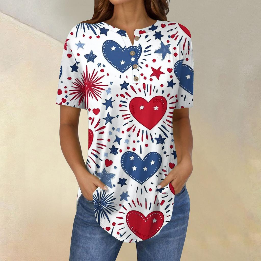 Short Sleeve Womens Tops Summer T-Shirts Print V Neck Casual Basic Tee Button Shirts Tunic Tops Independence Day