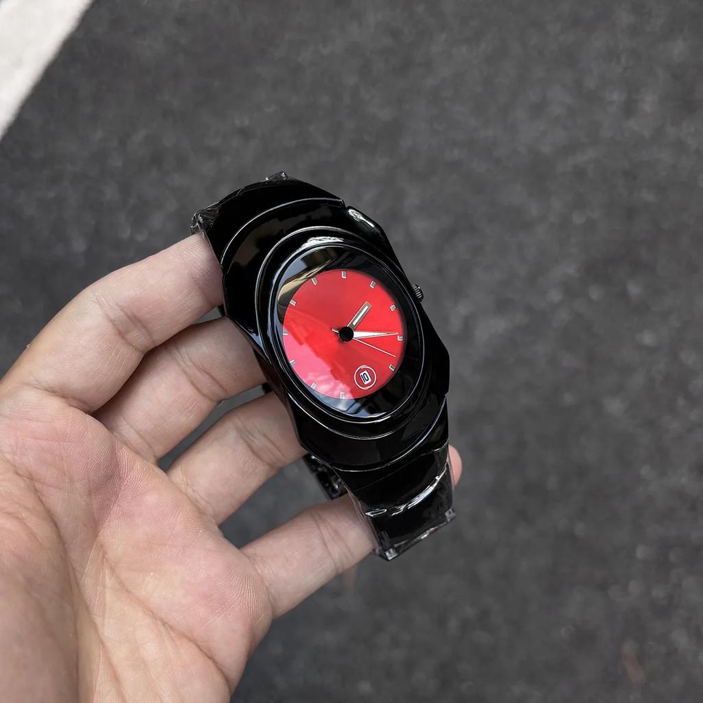 Black Red Quartz Watch Mens Personalize Y2k Dial Fashion Special Blade Creative Alien Shape Steel Unique Steel Men Watch Clock