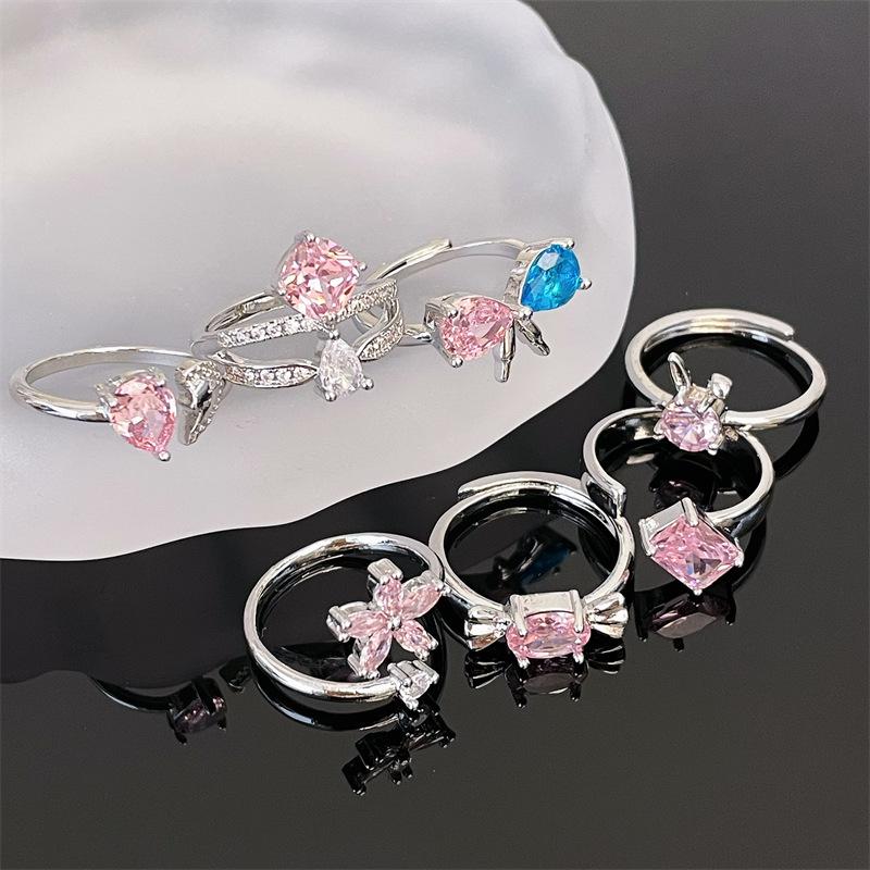 Bow Pink Zircon Series Open Ring Niche Love Cold Wind Advanced Sense Personality Ring Woman