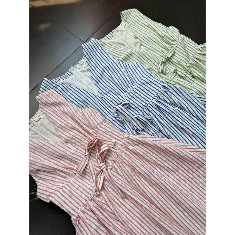 Foreign Trade Order Entr0 Artistic Style Sleeveless V-neck Stripe Dress A Word Bow Swing Midi dress Dress Women