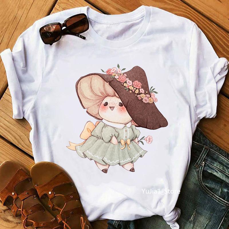 

New Cute Flower Mushroom Print T-Shirt Women Harajuku Kawaii Clothes Cute Funny Tshirt Femme Summer Fashion T Shirt Female S білий