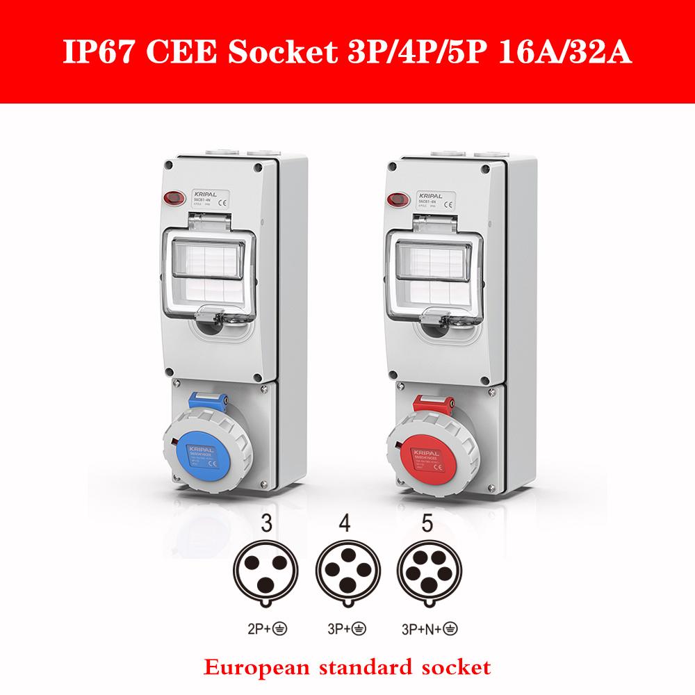 Waterproof CEE Socket 3Pin 32a Outlet Combination Switched Socket With Circuit Protection EV Charge Socket