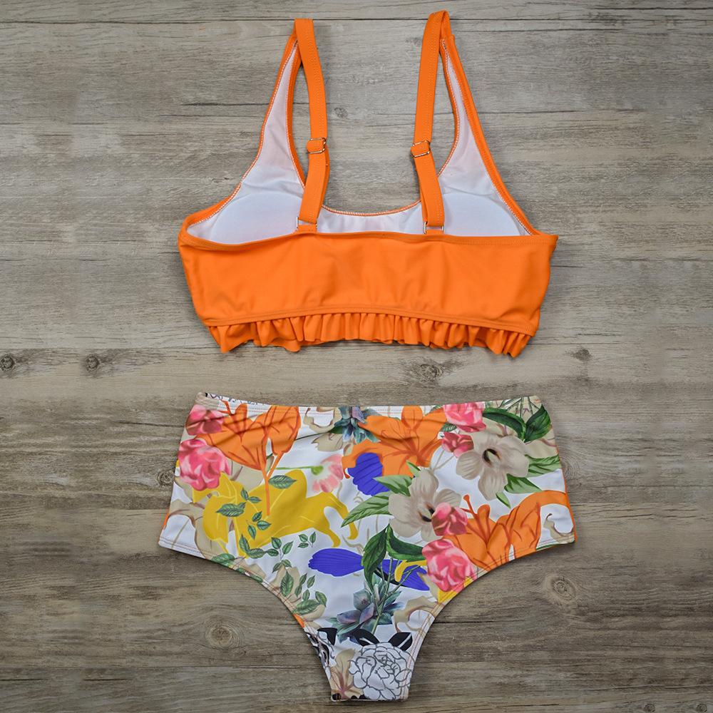 Splicing Oversize Sexy Triangle Women Split Bikini Suit Set Tie Side Gstring Thong Swimsuit Print Solid Color