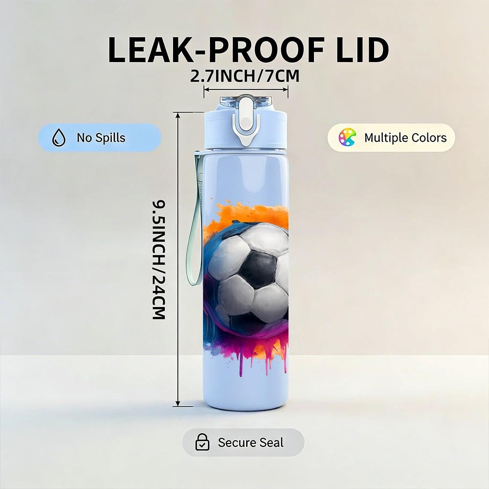 1PC Colorful Splash Soccer Ball Print 750ml Color Plastic Sports Water Bottle Leakproof Flip Straw Lid Suitable for Sports Office Home Use