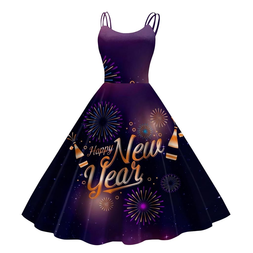 Kvinners Nyttårstrykt Casual Mote Rund Hals Midi Kjole
