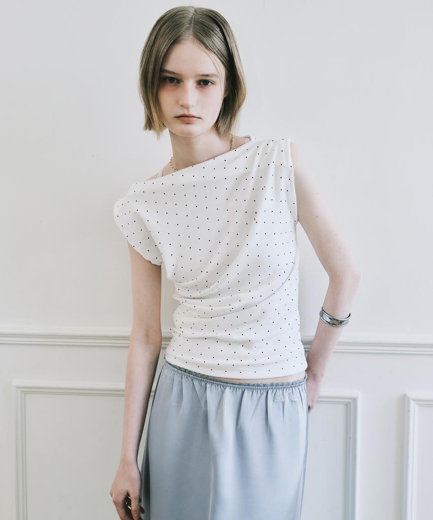 Nigaennikol Dot Shirring Drape Sleeveless Top_Ivory