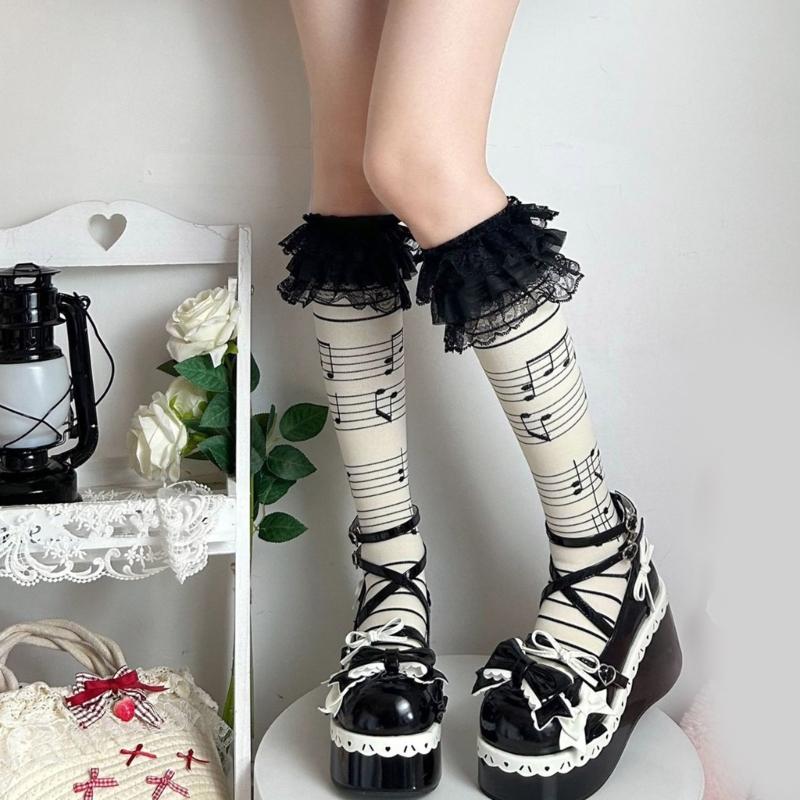 Women Knee Highs Socks Printed Compressions Stockings Lolitas Sweet Lace Ruffle Calf Socks Long Tube Socks Hosiery