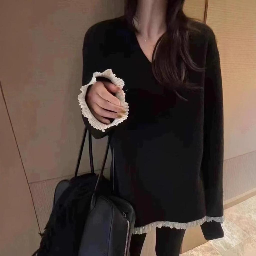 Women's Korean V-Neck Mid-Length Knit Sweater - Autumn/Winter 2024, Casual Loose Fit, Slimming, Soft & Fluffy.