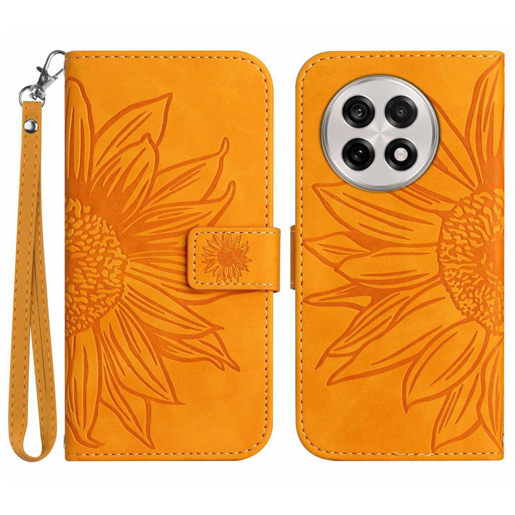 For OnePlus 13R 5G Case Sunflower Imprint Leather Wallet Phone Cover with Wrist Strap