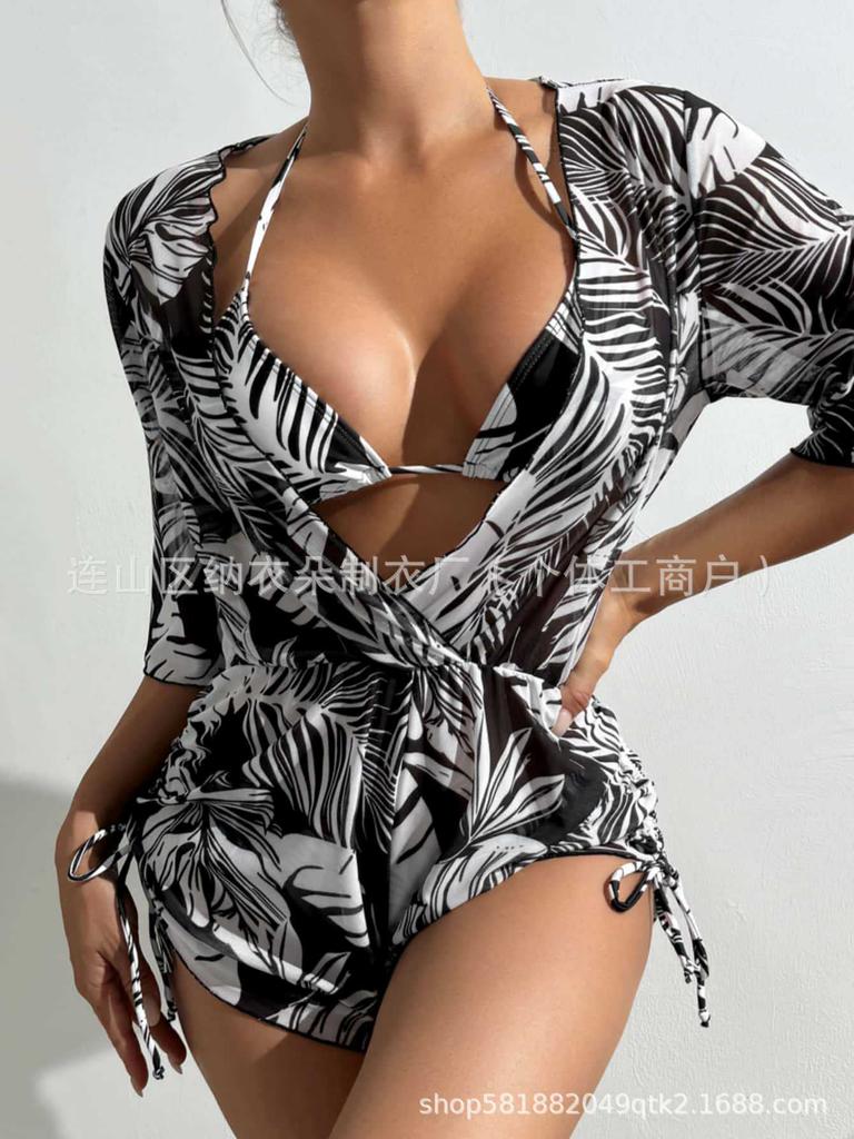 Swimsuit Beach Sunscreen Tropical Plant Printed Blouse Swimsuit Women's Three-piece Neck Bikini
