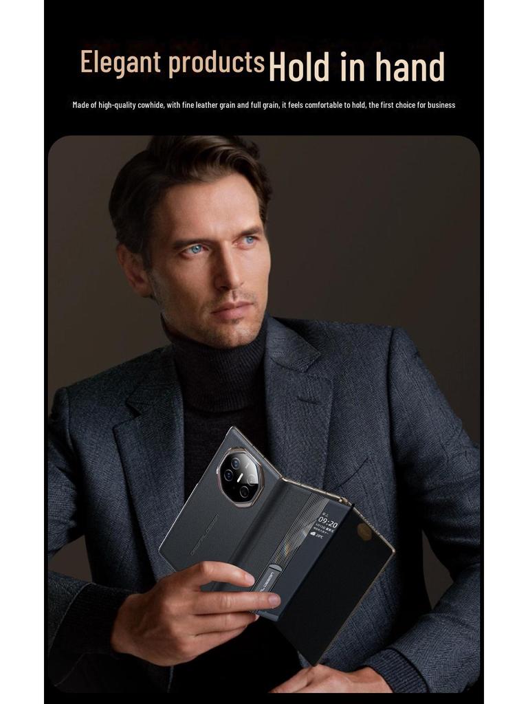 Husă din piele pentru Huawei MateXT: Pliere în trei, din piele naturală de vită Nappa, cu model perforat, cu fereastră inteligentă și suport.