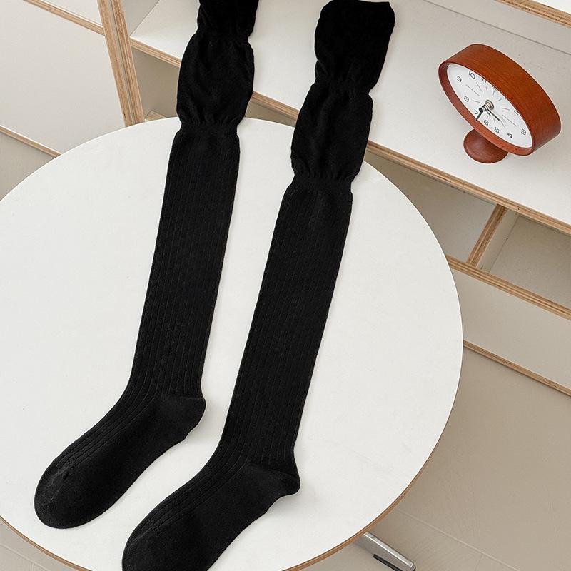 

Весенне-летние гольфы с двойным раструбом, махровые носки, однотонные универсальные носки, вертикальная полоска, стройнящие гольфы до колена, женские носки 1 pair чёрный