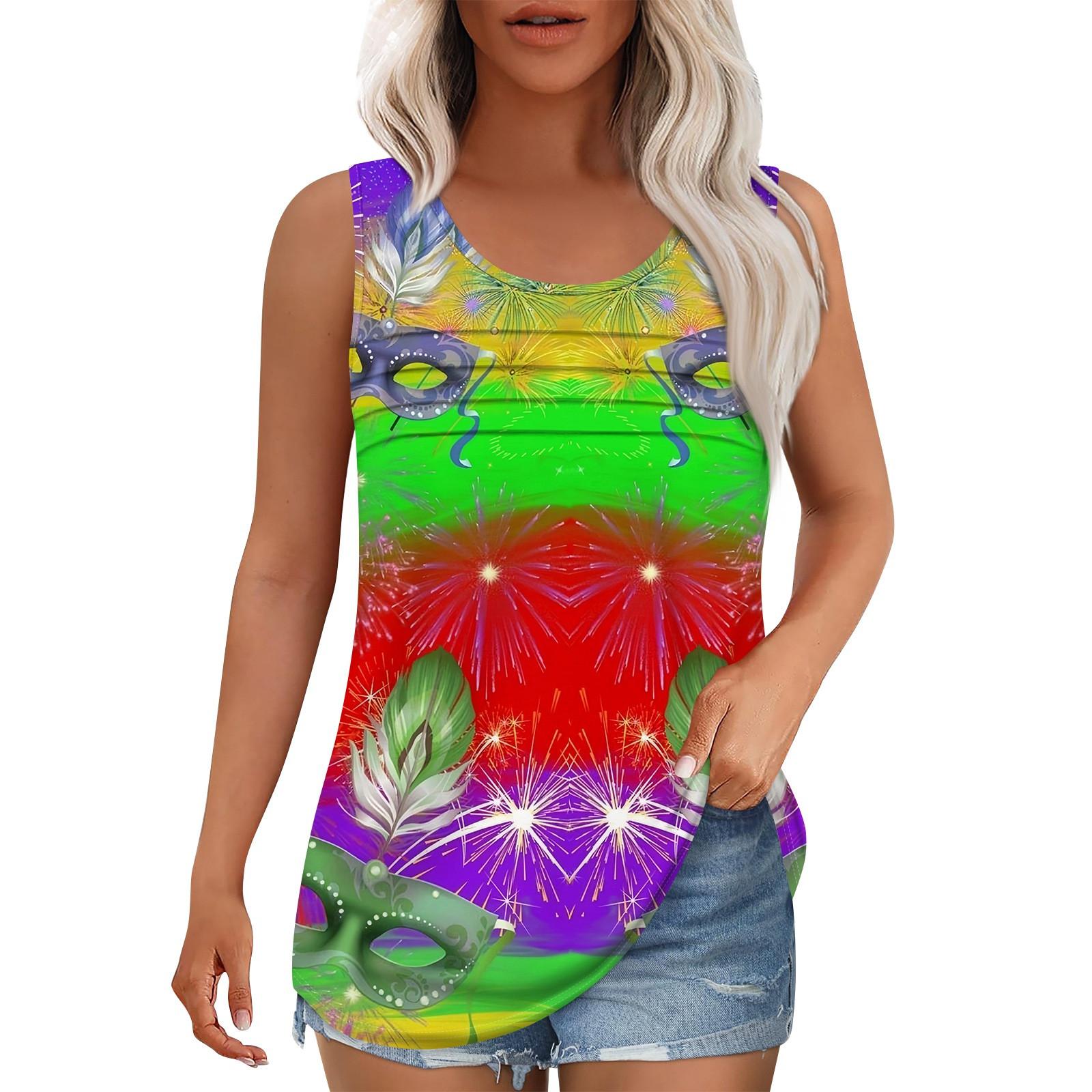 

Майка для женщин Летние наряды Без рукавов Блузки с принтом Повседневные свободные рубашки Округлый вырез Складки спереди XL красный