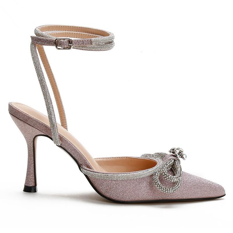 2025 European and American rhinestones bow high heels thin heels sexy summer high heels sandals bag head empty versatile