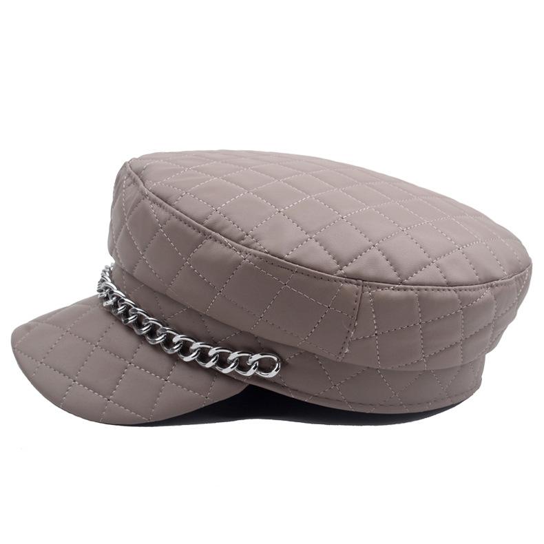 Leather Painted Hat Women's Chain Flat Top Army Hat Autumn Winter Warm Cap