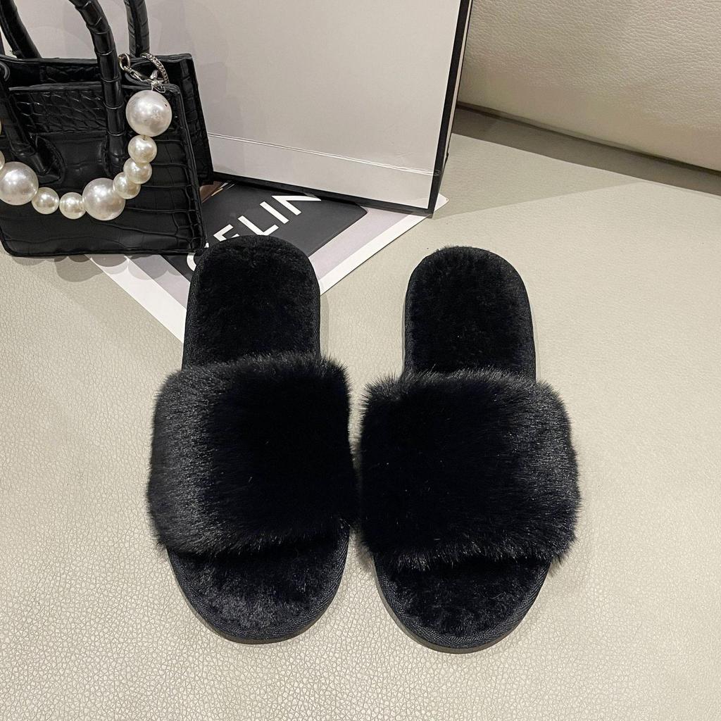 Women's Winter Indoor Cotton Slippers - Large, Warm, Solid Color Fur Design