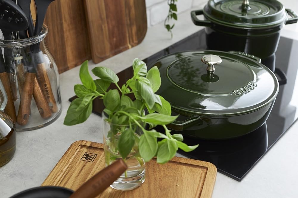 staub Saute Pan Basil Green Two Hand Cast Enamel Pot Shallow Sukiyaki Compatible with IH Japanese Blaiser "Blazer 24cm" [Authorized Product] 40511-479