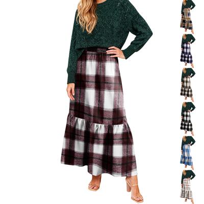 Women's Ruffled Casual Long Skirt Plaid Skirt Retro Pleated Skirt