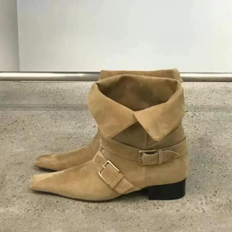 Suede Retro Small Square Head Two Wear Folded Thick Heel Belt Buckle Medium Boots Women's 2025 Autumn and Winter Martin Boots Short Boots