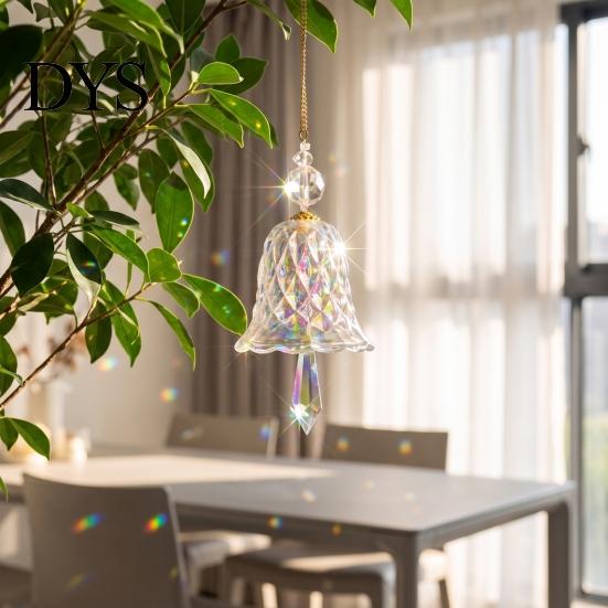Indoor Home Hanging Decor Faux Crystal Bell Suncatcher, Glass Prism Wind Chime Ornament, Clear Garden Ornament for Trees Christmas Tree Rainbow Maker