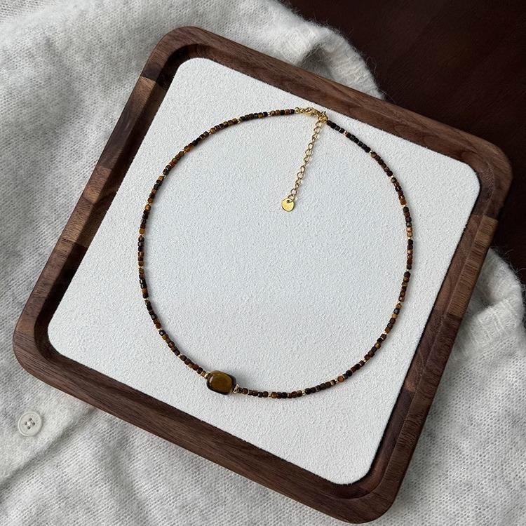

Tiger S Eye Stone Freshwater Pearl Necklace Femininity Collarbone Chain Rectangular Design Light Luxury Beaded Neck Chain
