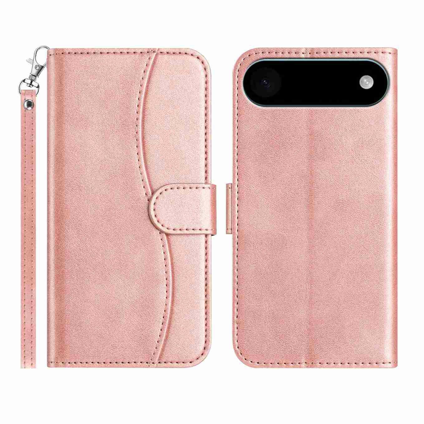 

Stand Case for iPhone 17 Air PU Leather Wallet Phone Cover S Shape Stitching Design with Strap Rose Gold