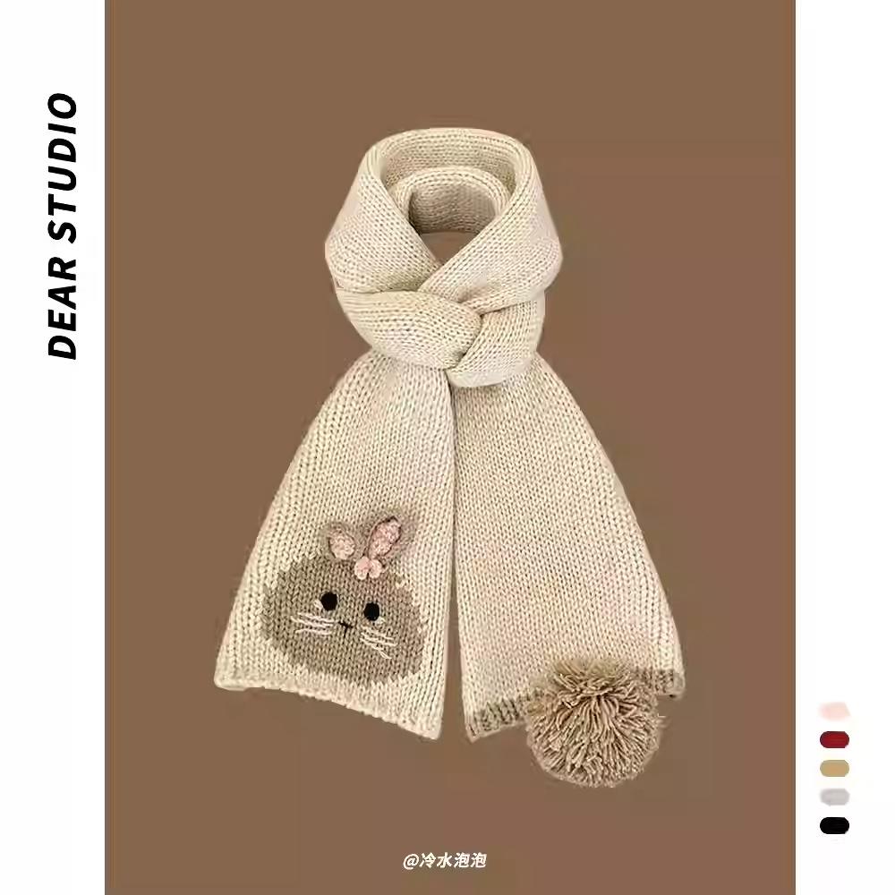 Cute Cartoon Bunny Wool Scarf Female Warm Neck Protection Student White Handmade Knitted Scarf