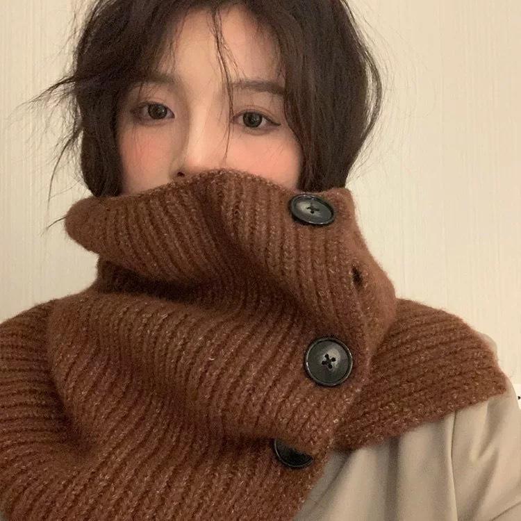 Korean Style Women's Knitted Woolen Neck Gaiter & Scarf with Buttons