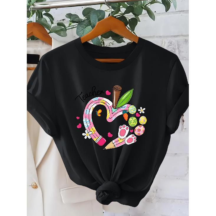 Women's Teacher Heart-shaped pencil short sleeve shirt One-piece Easter outfit T Shirt Teacher's Outfit for Holiday Outings 2026 New Spring and