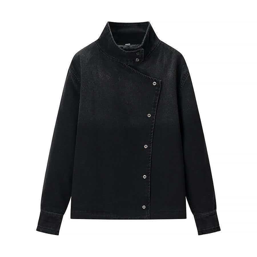 

Асимметричный топ из потертого денима с пряжкой - Женская осенняя мода Large