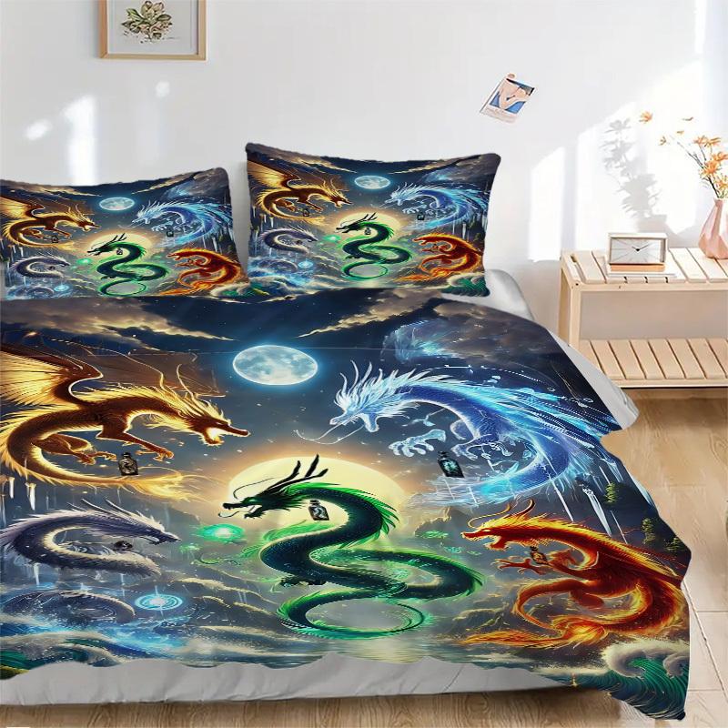 3pcs Mythical Dragons Duvet Cover Set, Cover For Bedroom Guest Room (1 Duvet Cover + 2 Pillowcase, Without Quilt),  yy250922161