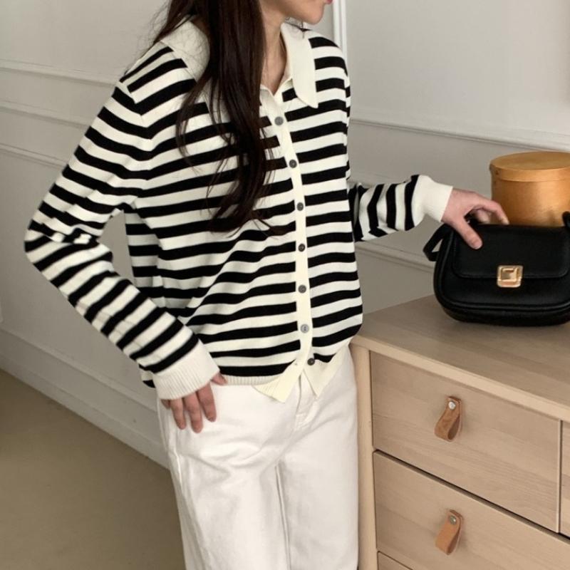 Shop Women S Collared Button Striped lS Knit Cardigan Black 21dS Wcd260094
