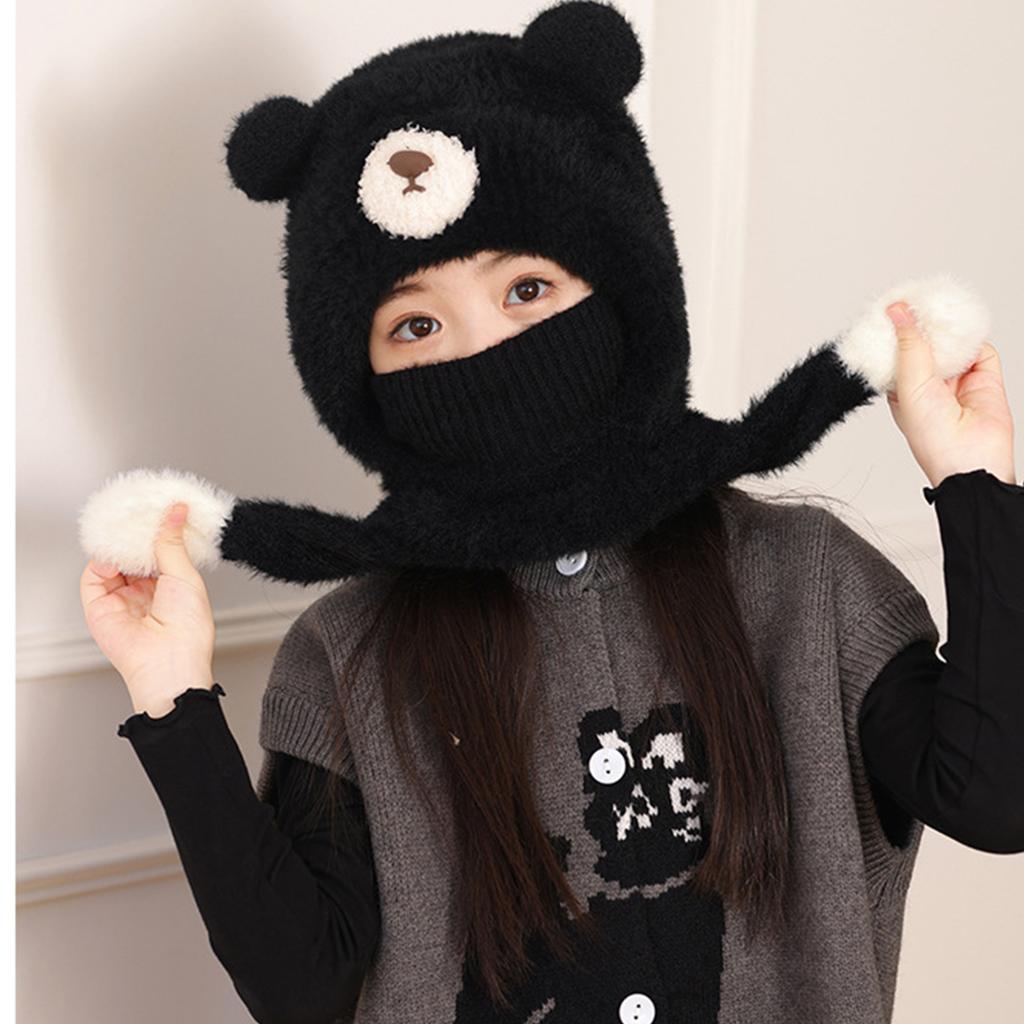 Winter Balaclava Hat Neck Gaiter Hat with Cartoon Bear Ear Design Outdoor Pullover Scarf Hat For Kids Cold Activity