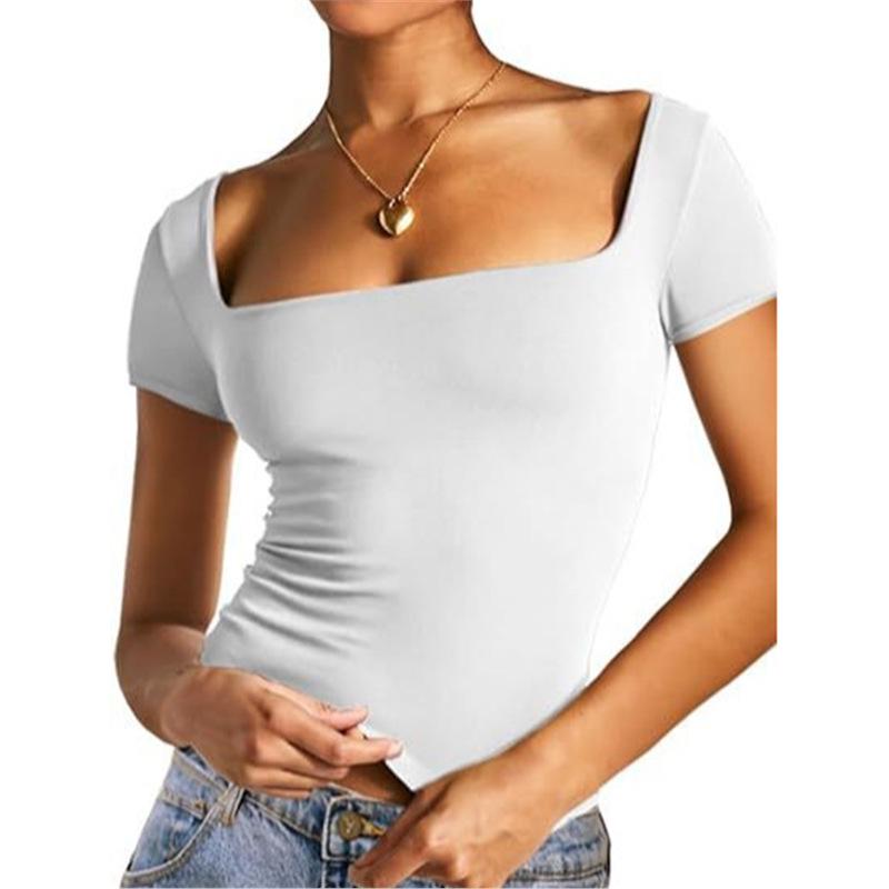 

Summer Slimming Square Neck Milk Silk T-Shirt: Trendy European & American Style for Young Women Medium білий
