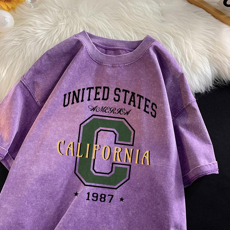 United States California Letter T-shirt Men Retro Printing Shirt Cotton Vintage Washed Tee Unisex Street Loose T-shirts