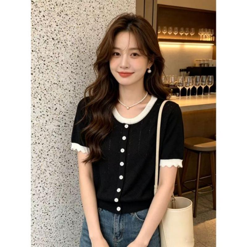 Knitted Top for Women In Summer, New Style, Front-opening Diamond-patterned, Open Wooden Ear Detail, Elegant Short-sleeved T-shirt Top