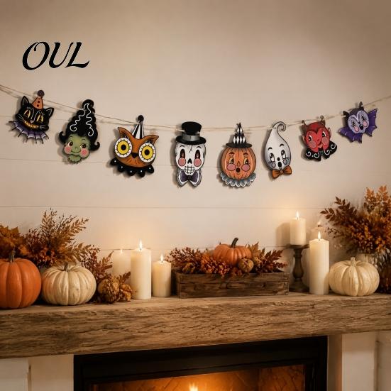 Halloween Ornament Collection 8Pcs Bunting Banner, Pumpkin Ghost Bat Witch Cartoon Hanging Garland, Decorative Props for Dessert Shops Retro