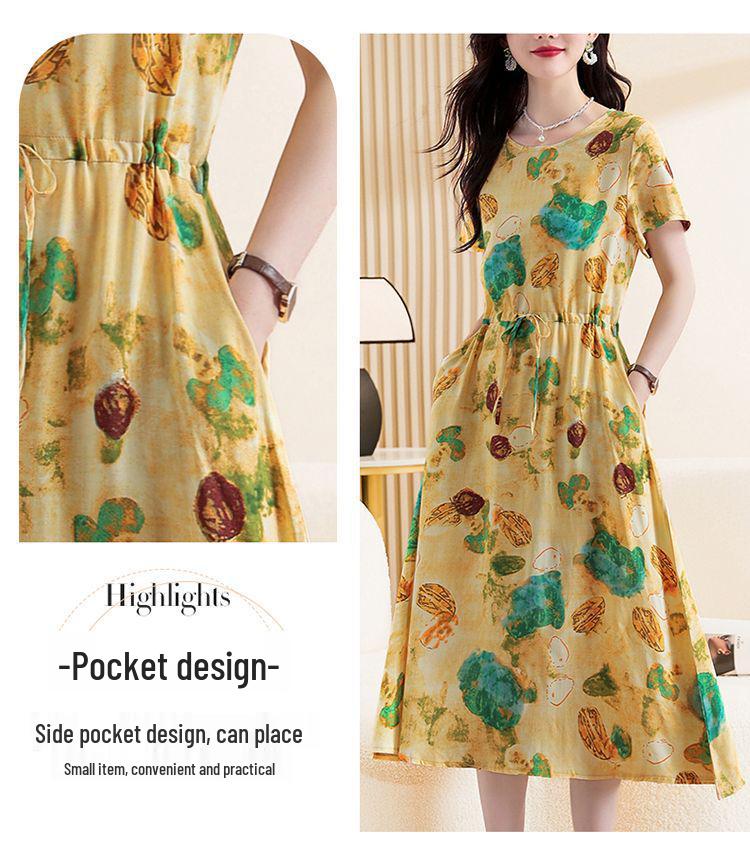 Elegant Plus Size Cotton Silk Knee-Length Dress with Waist Cinch for Middle-Aged Women